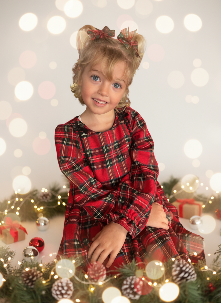 Tartan 6-Bow Long Sleeved Dress