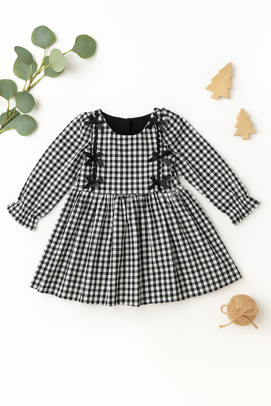 Gingham 6-Bow Long Sleeved Dress