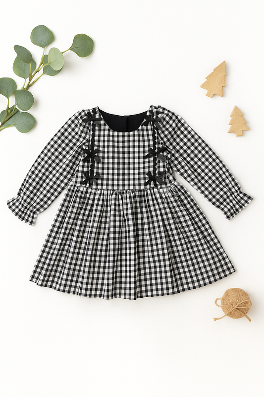 Gingham 6-Bow Long Sleeved Dress
