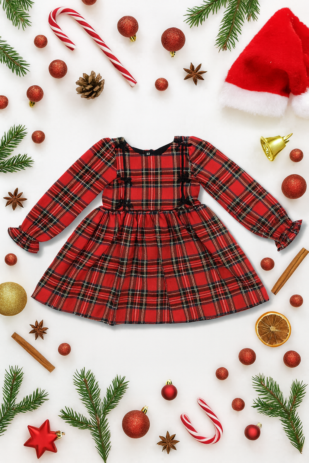Tartan 6-Bow Long Sleeved Dress